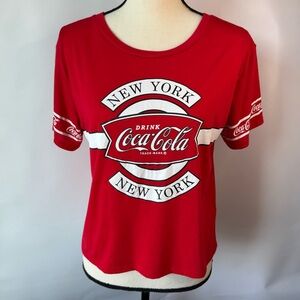 Coca Cola Women's Red Graphic‎ Tee size large boxy fit polyester rayon blend